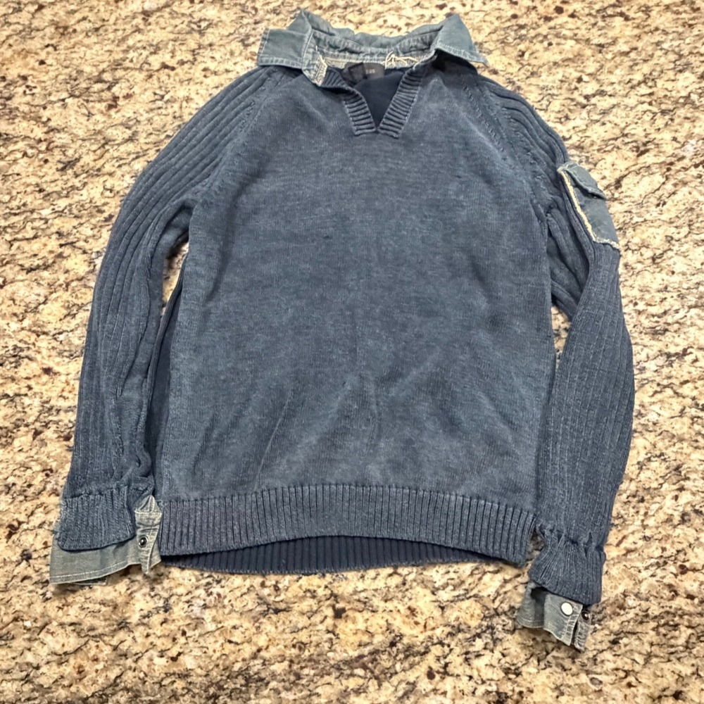 Express Mens Blue Cotton Knit Pullover Sweater Denim Collar Sleeve Pocket L